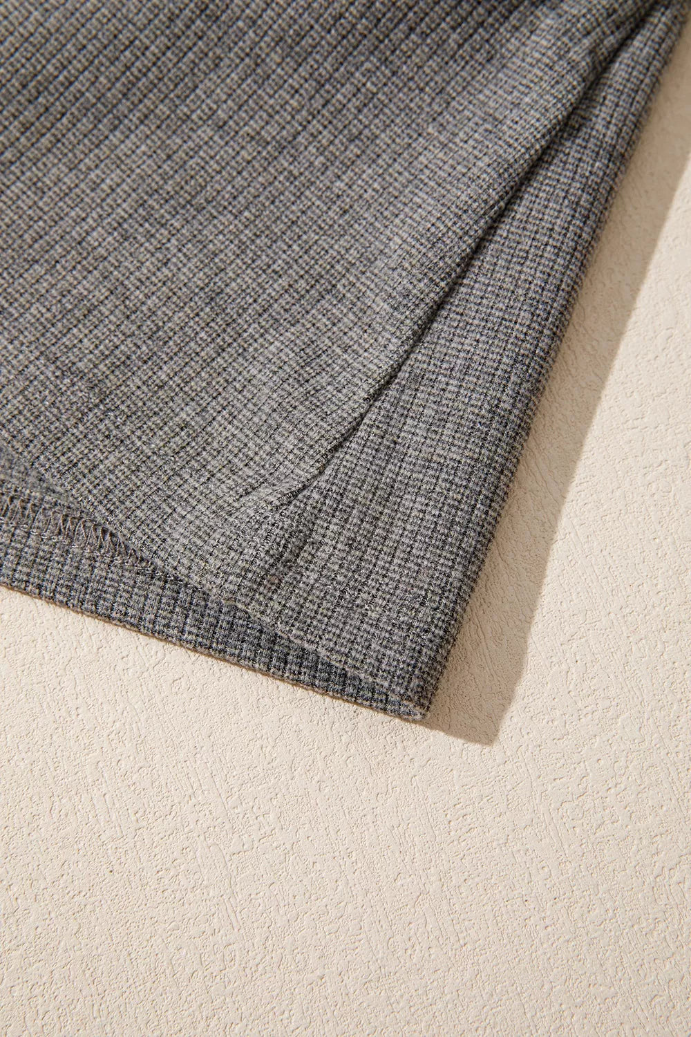 Ribbed Lace Trim V-Neck Button Detail Top in gray, hem detail