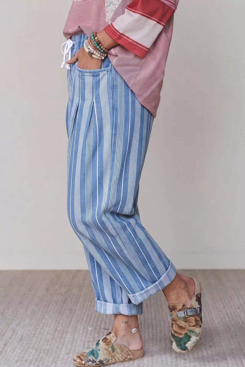 Striped High-Waisted Barrel Jeans in blue, side view