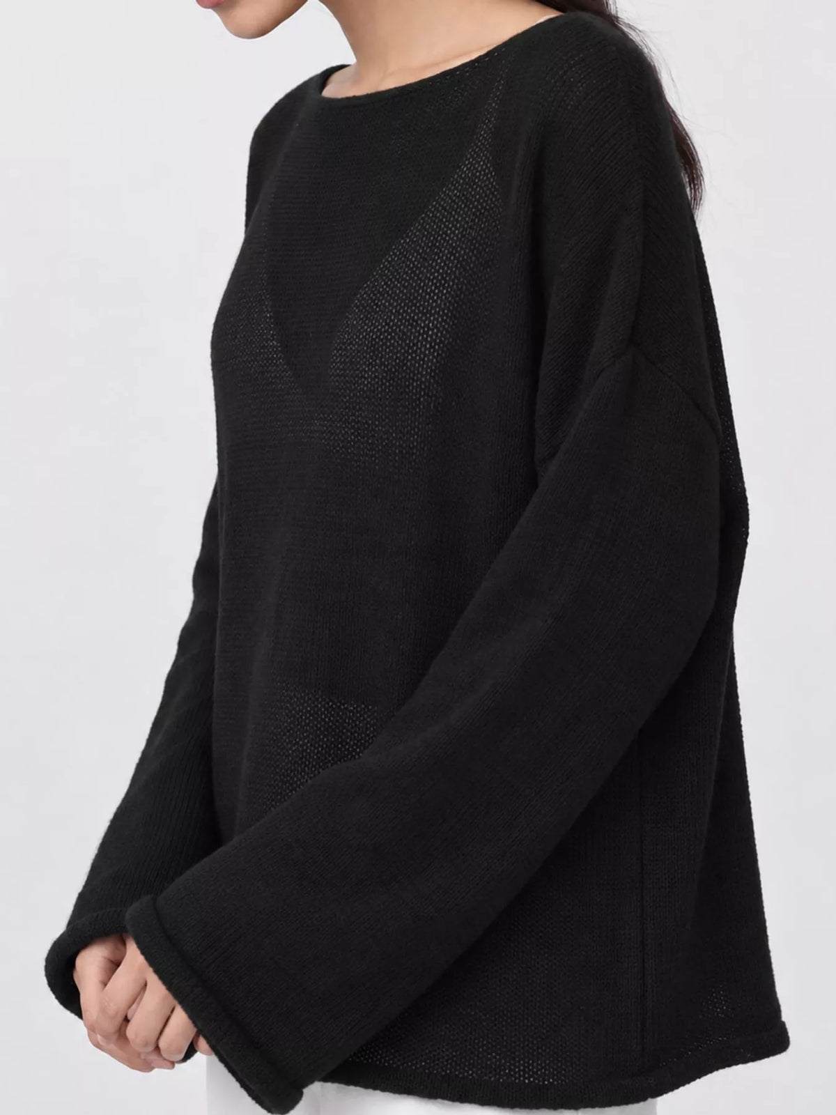 Black sheer openwork knit long sleeve top