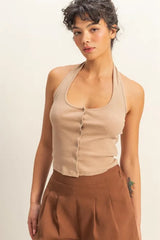 Trendsi HYFVE Halter Neck Buttoned Washed Top -