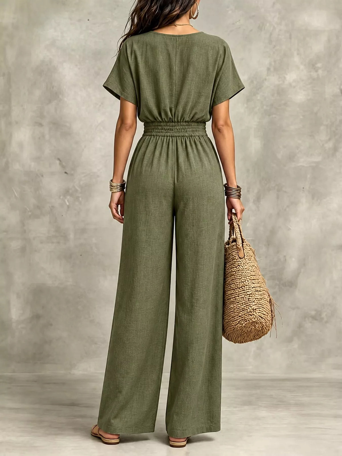 Wide-leg short-sleeve jumpsuit, back view
