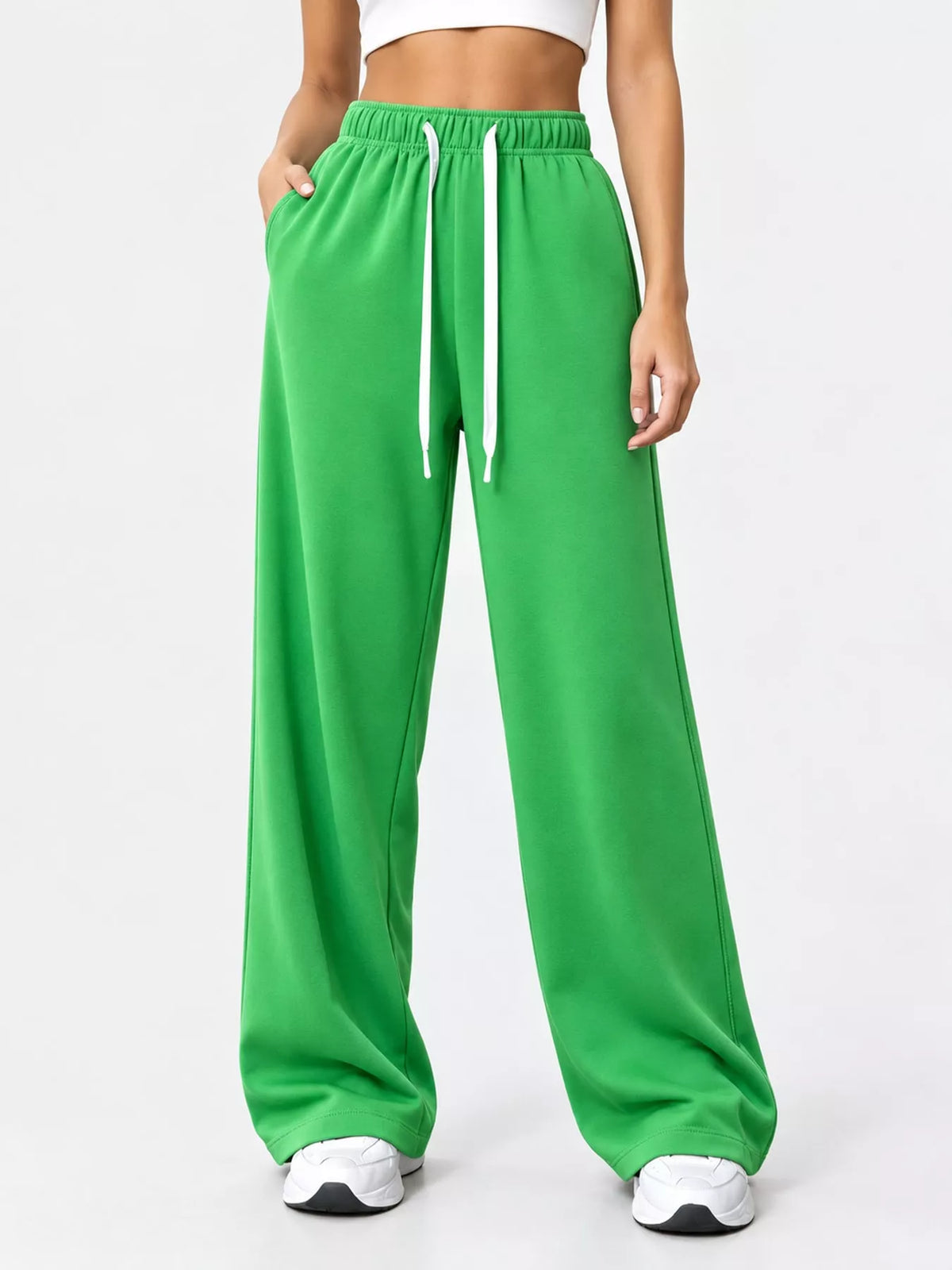 Green wide-leg pants with drawstring