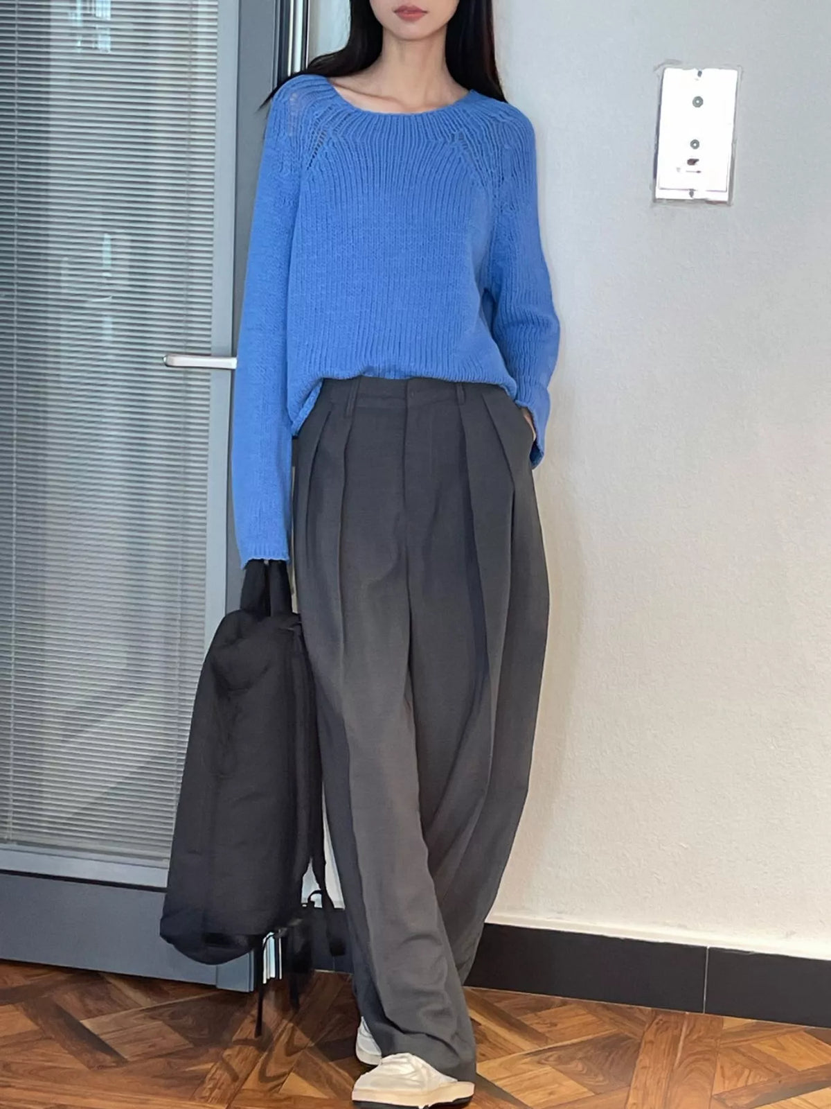 Women's High-Waisted Pleated Wide-Leg Pants in gray — front view
