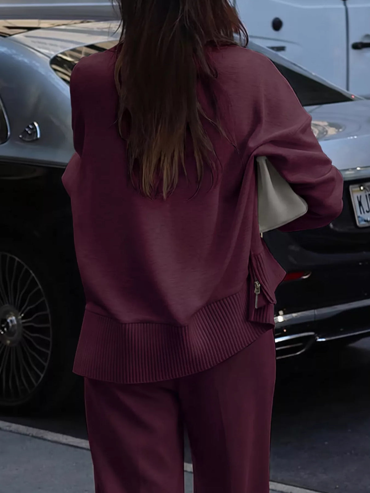 Dropped Shoulder Sweatshirt and Wide-Leg Pants Set in burgundy, back view