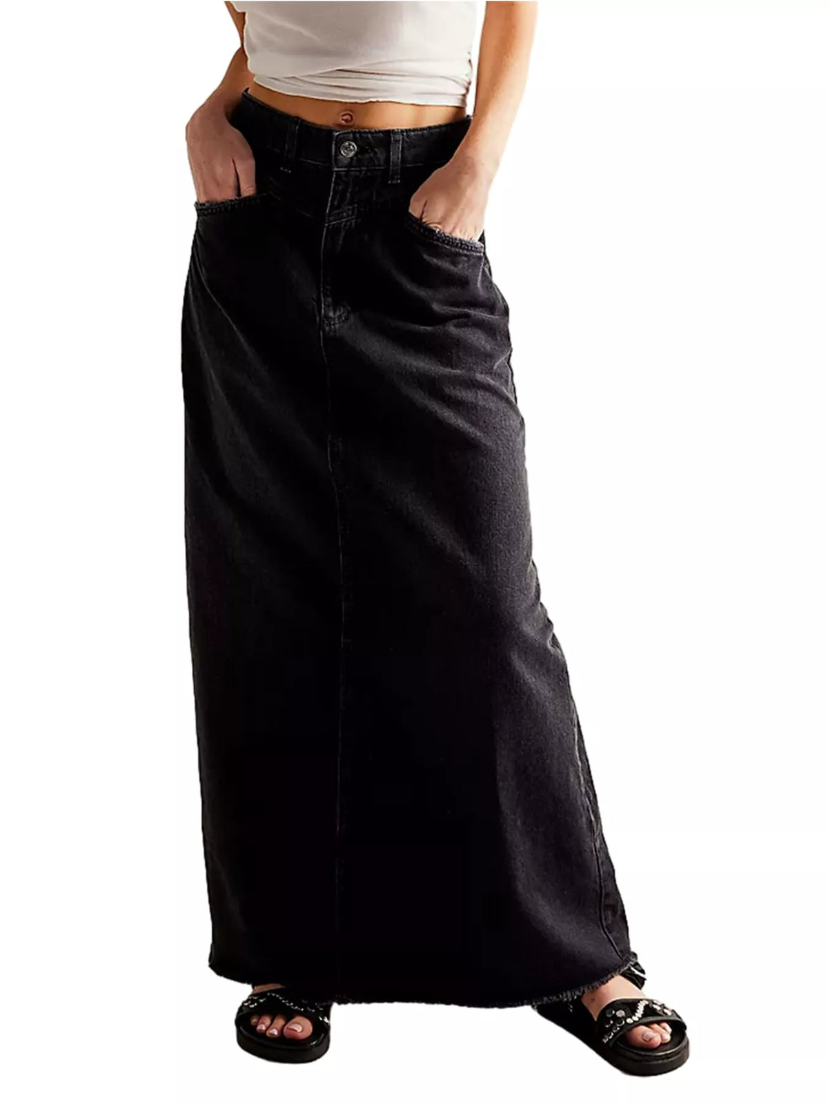 Raw Hem Maxi Denim Skirt — front view