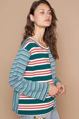 Trendsi POL Color Block Striped Round Neck Long Sleeve T-Shirt -