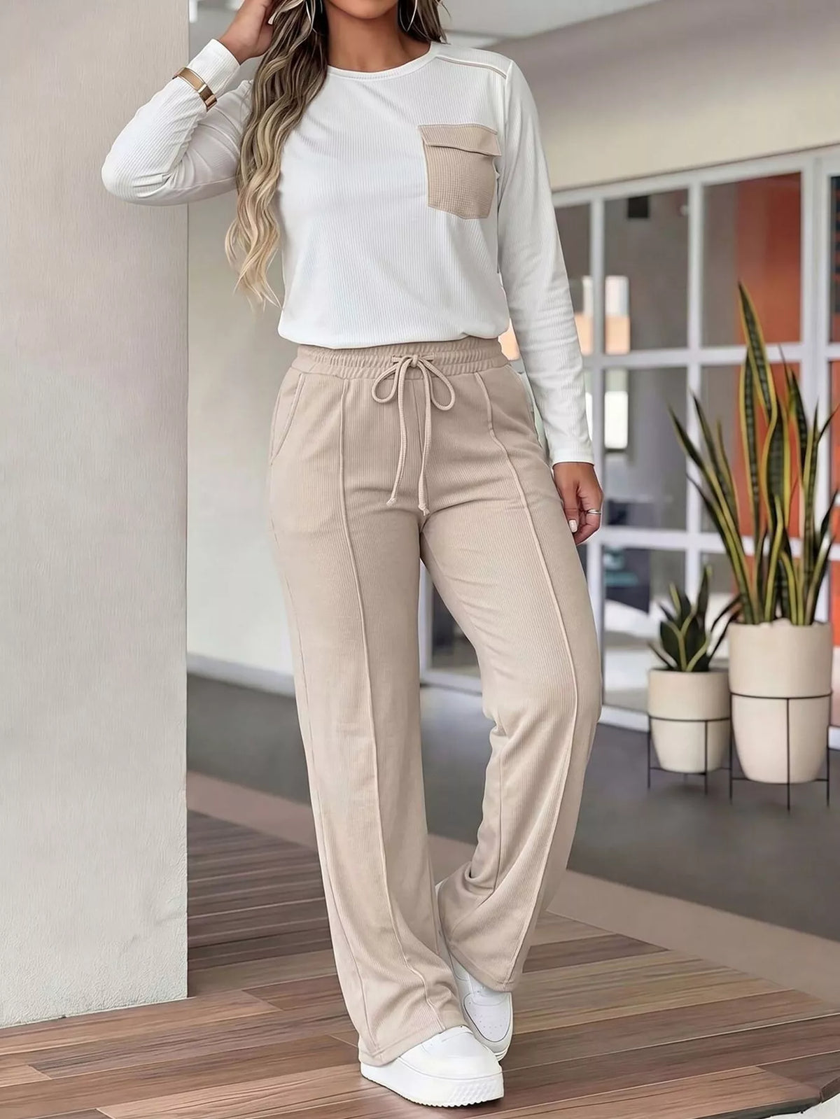 Long Sleeve Pocket Top and Drawstring Pants Set, front view