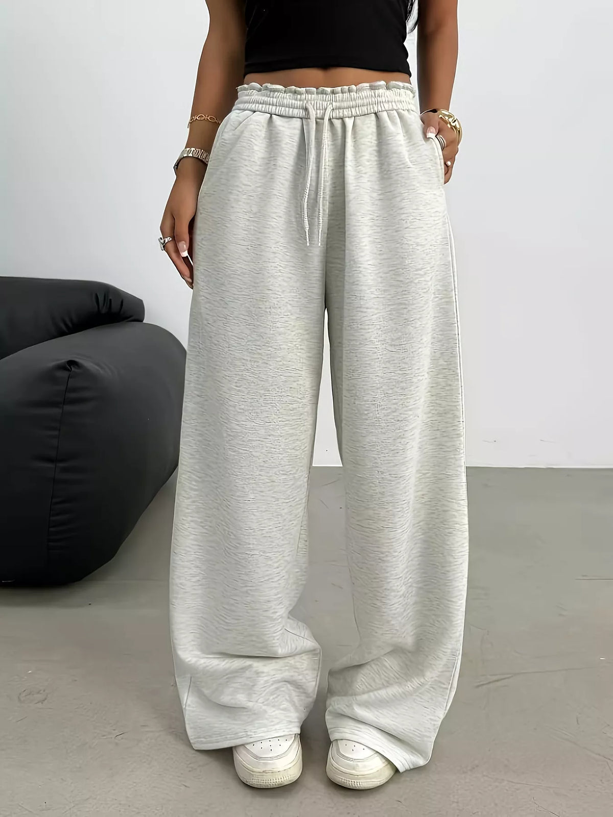 Cream drawstring loose fit pants