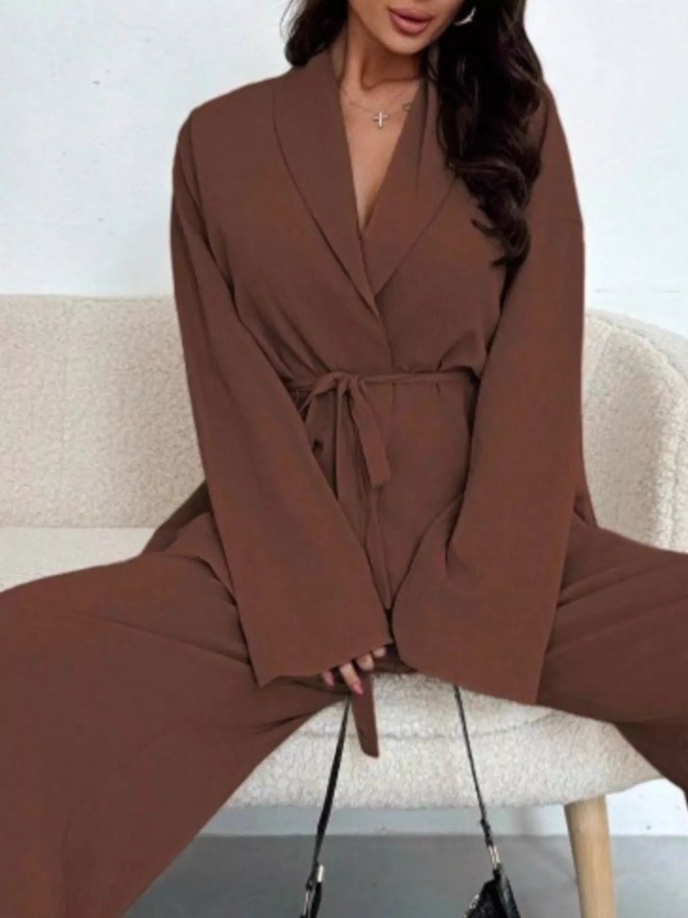 Trendsi Textured Tie Waist Top and Wide-Leg Pants Set -