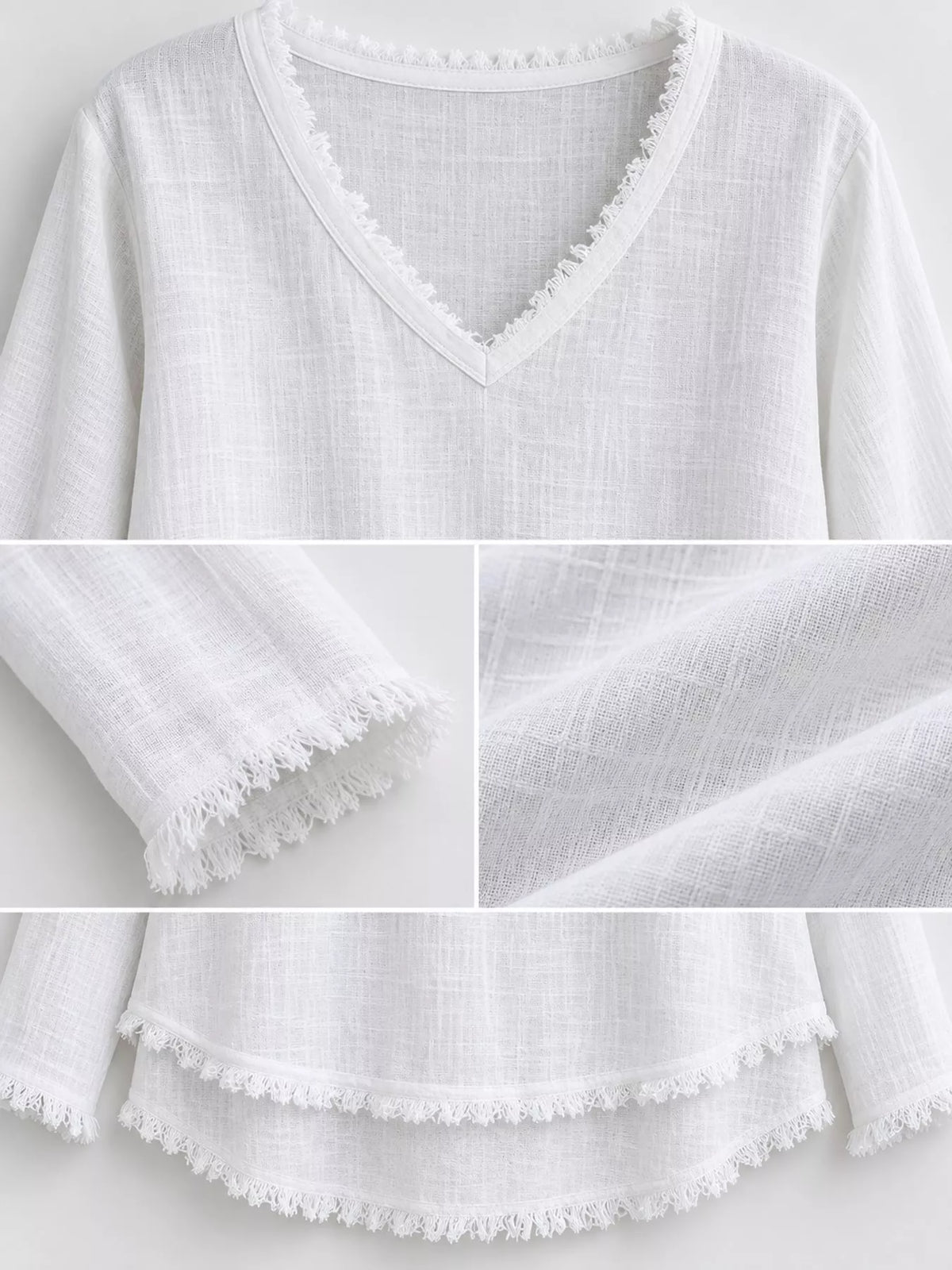 Frayed-hem blouse, white collage of neckline hem and cuff