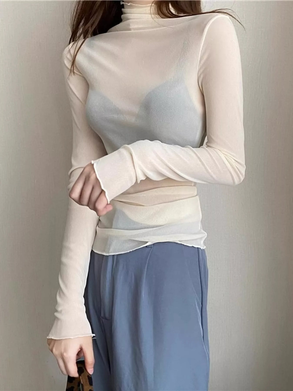Cream sheer turtleneck mesh t-shirt