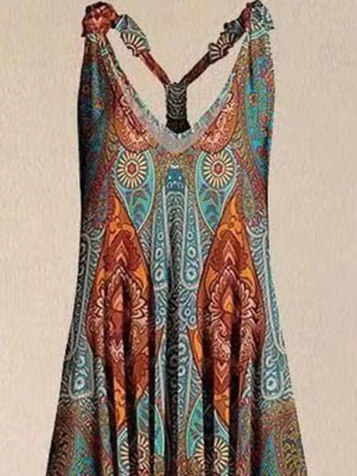 Teal and rust paisley-print V-neck sleeveless jumpsuit, neckline and strap detail