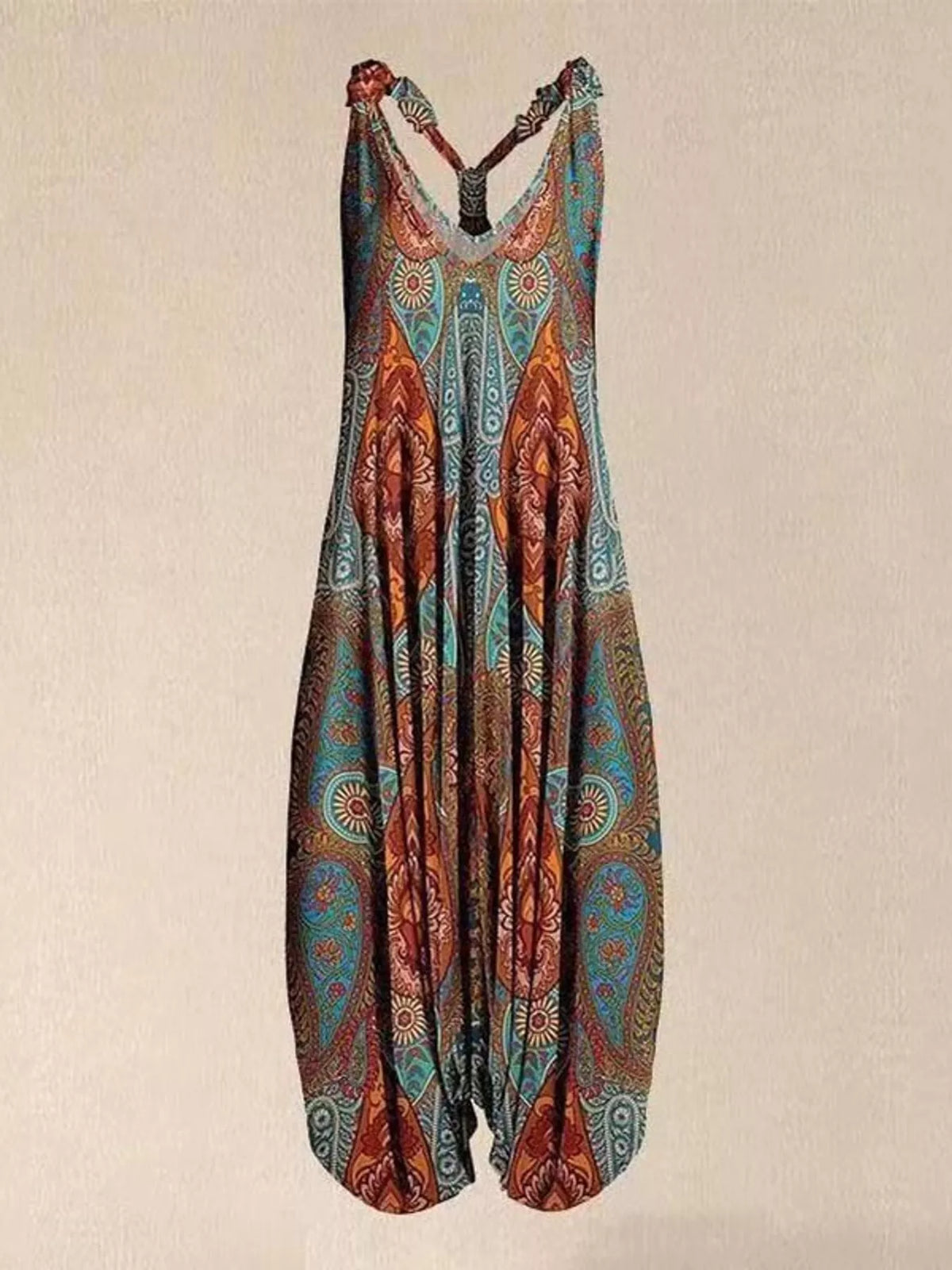 Teal and rust paisley-print V-neck sleeveless jumpsuit