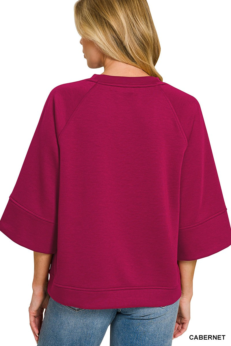 Women's Cabernet Scuba 3/4 Bell-Sleeve Relaxed Pullover — product view 2