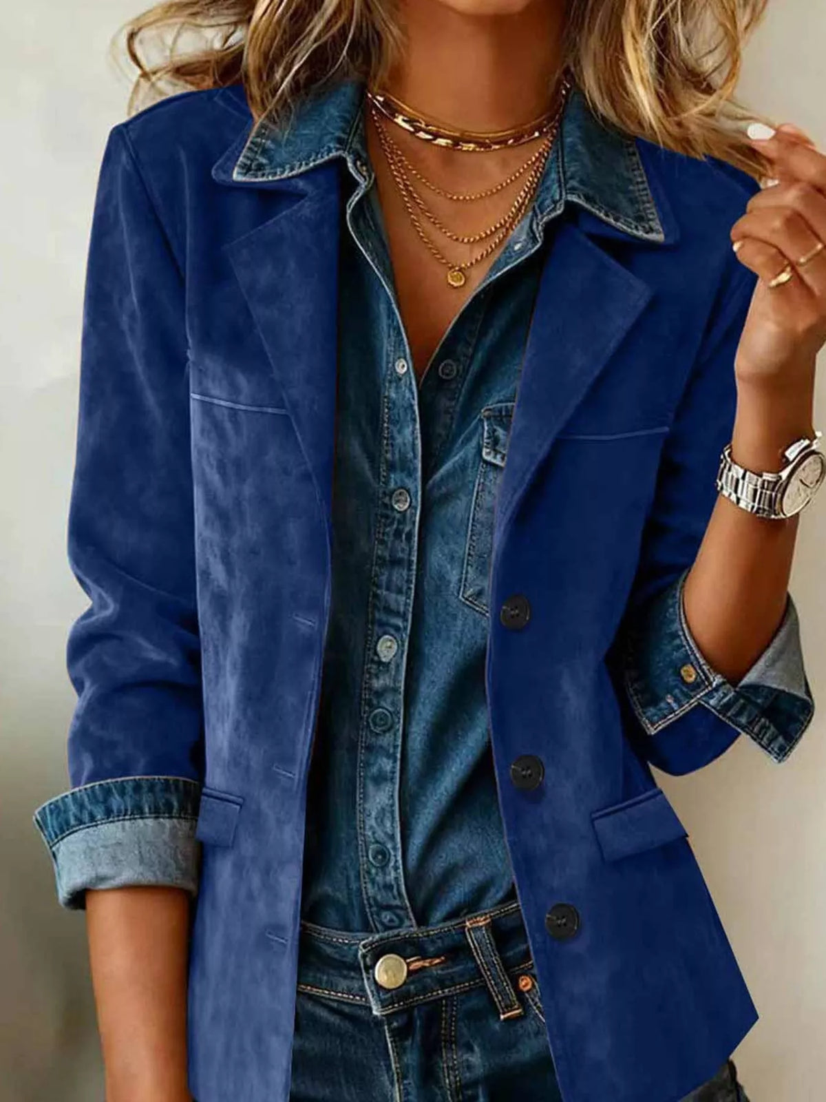 Blue lapel collar button-up blazer — front view