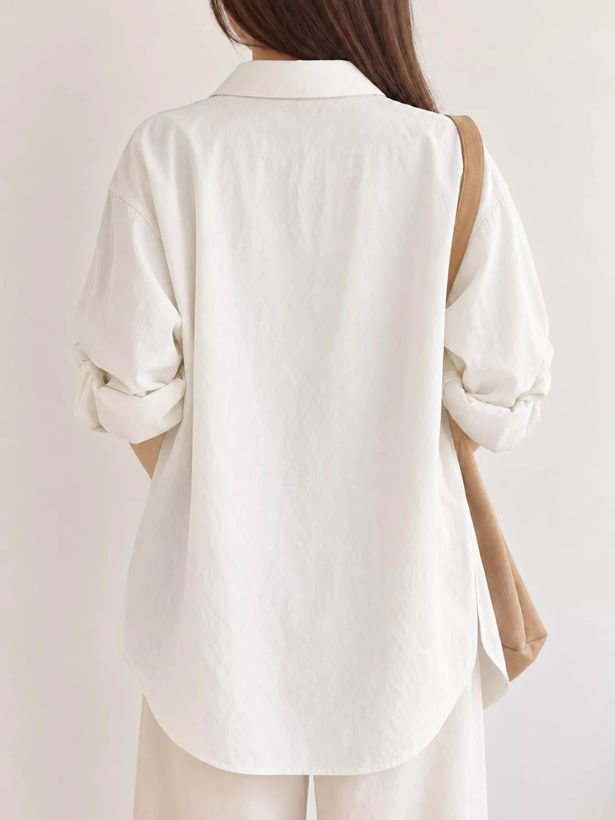 White button down long sleeve shirt, back view