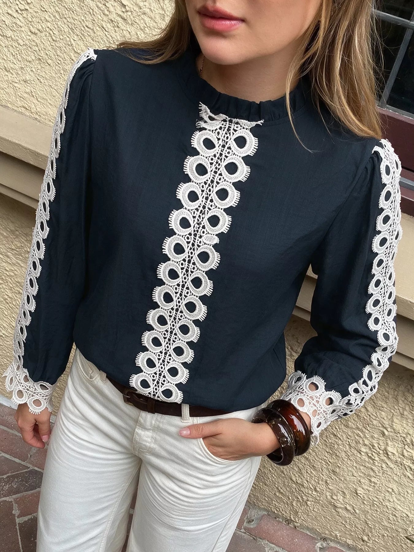 Trendsi Lace Trim Long Sleeves Blouse -