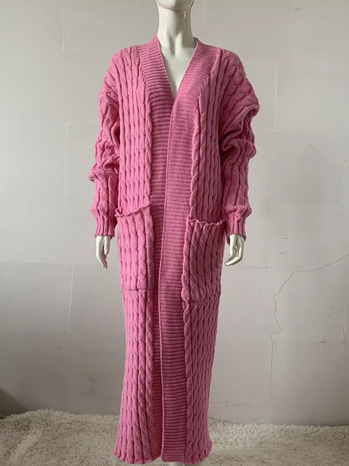 Pink cable-knit longline open-front cardigan