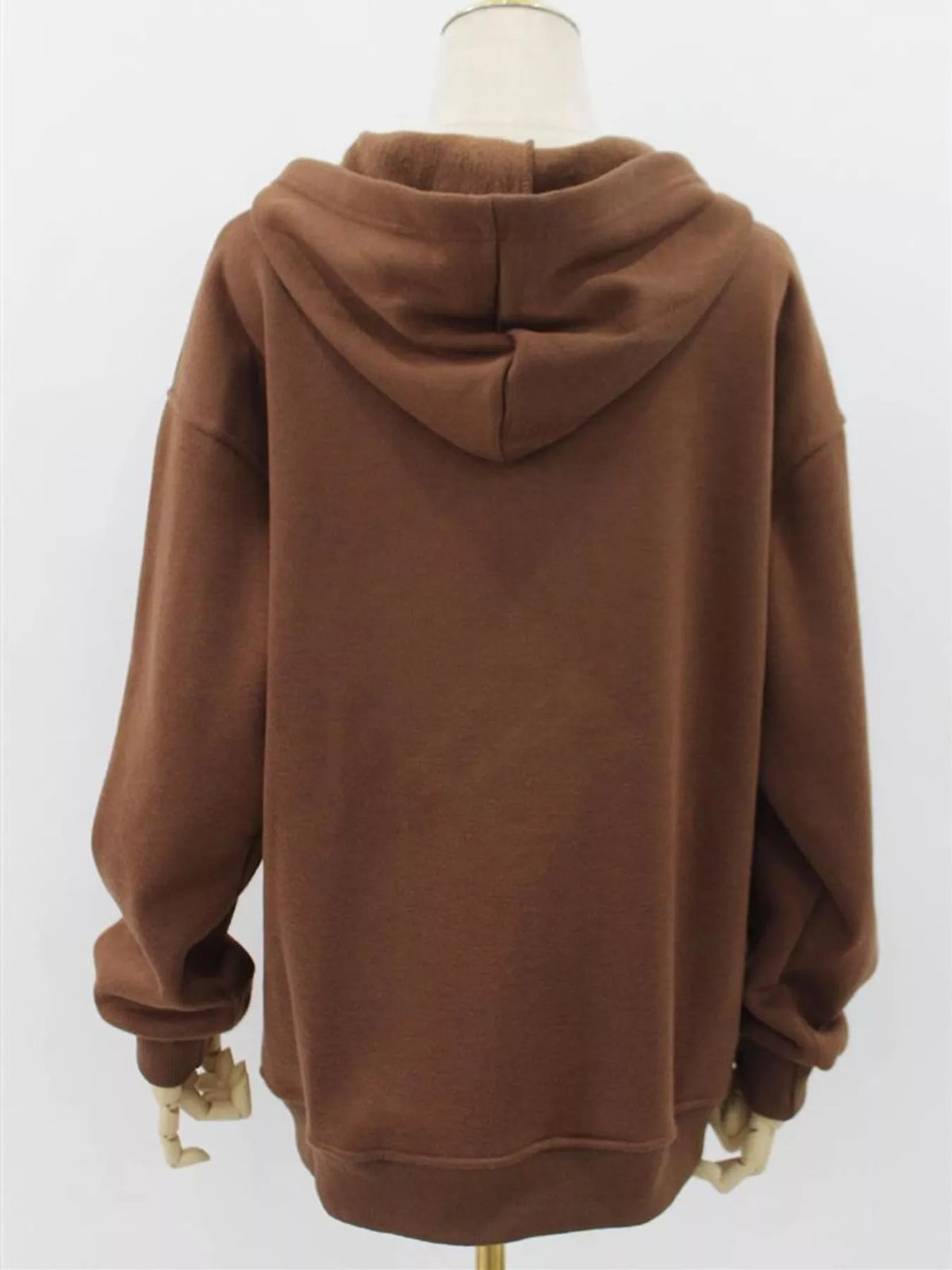Women's Zip-Up Dropped Shoulder Hoodie in brown — mannequin back view