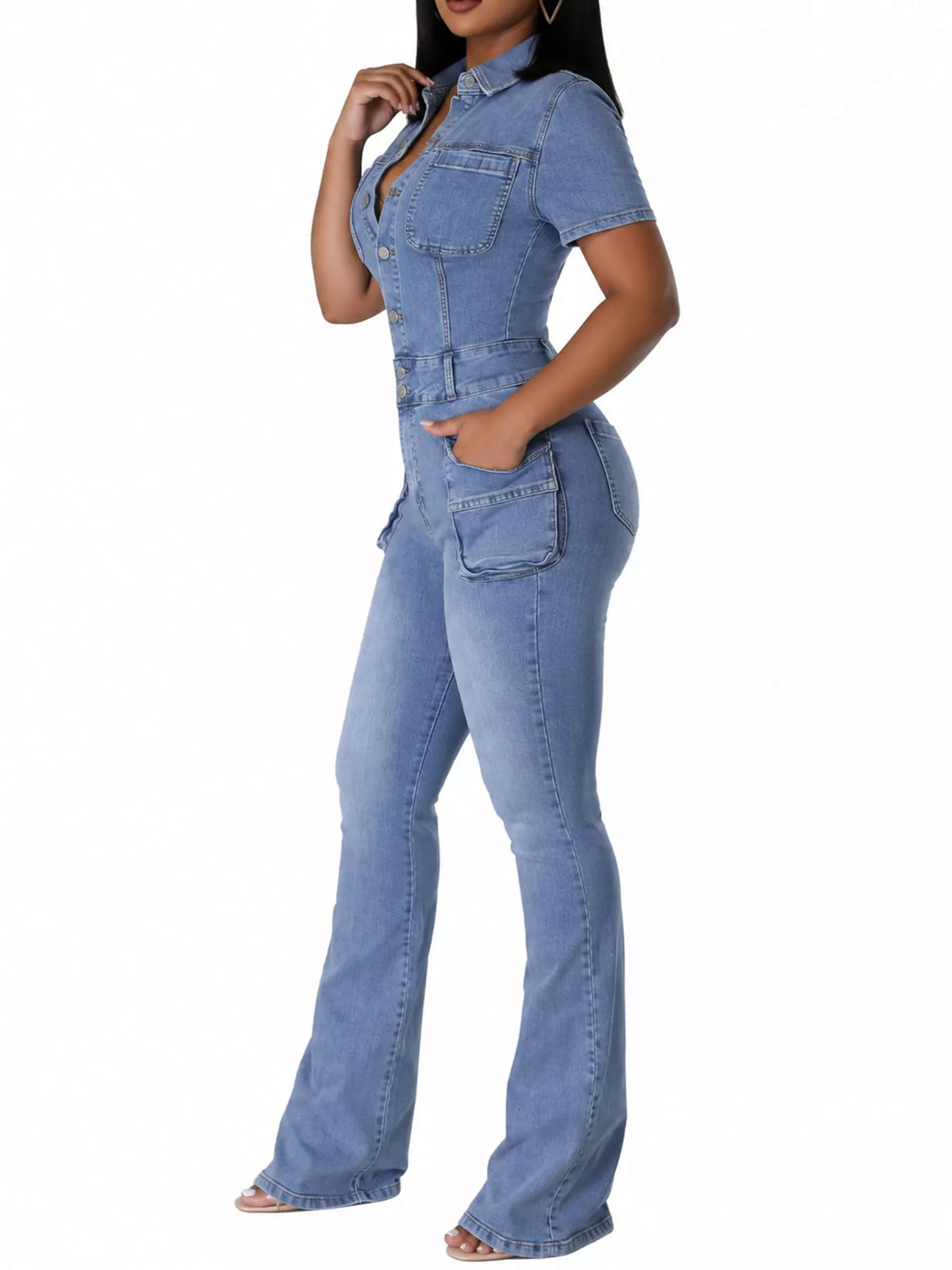 Blue flared denim cargo jumpsuit, side view