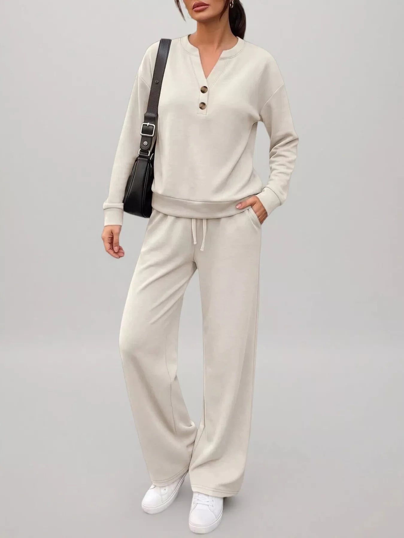 Button-detail dropped-shoulder top and pants set