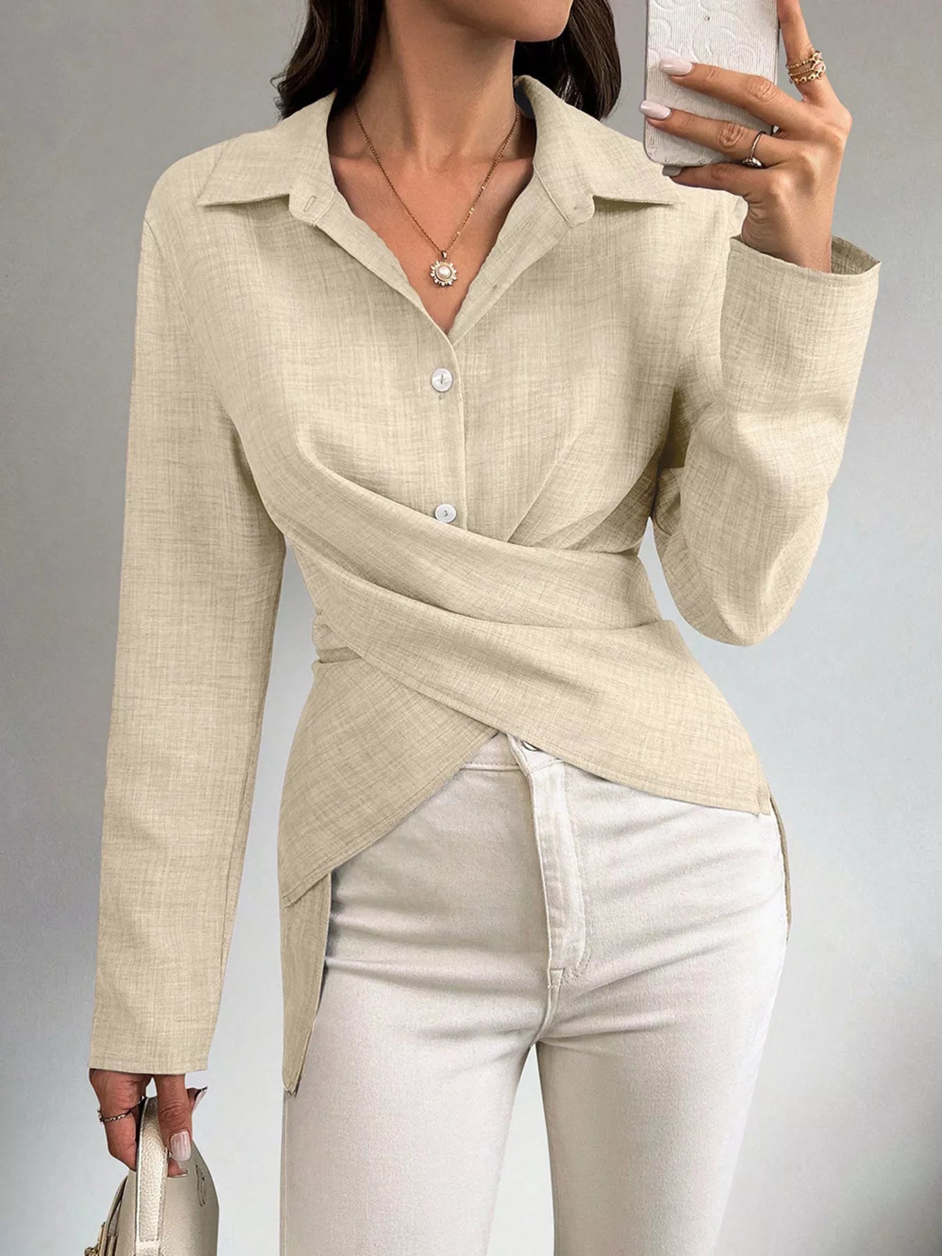 Trendsi Criss-Cross Wrap Front Long Sleeve Shirt -
