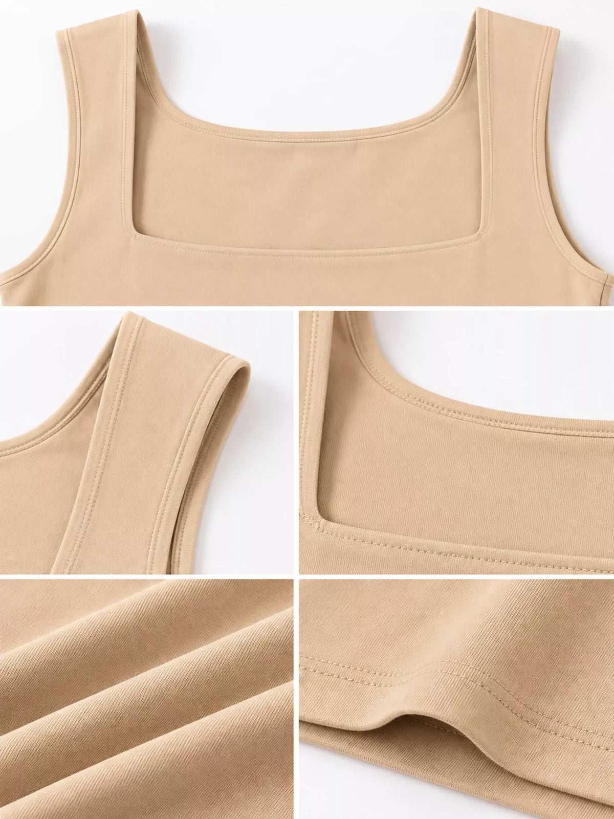 Beige square-neck tank, fabric and neckline detail collage