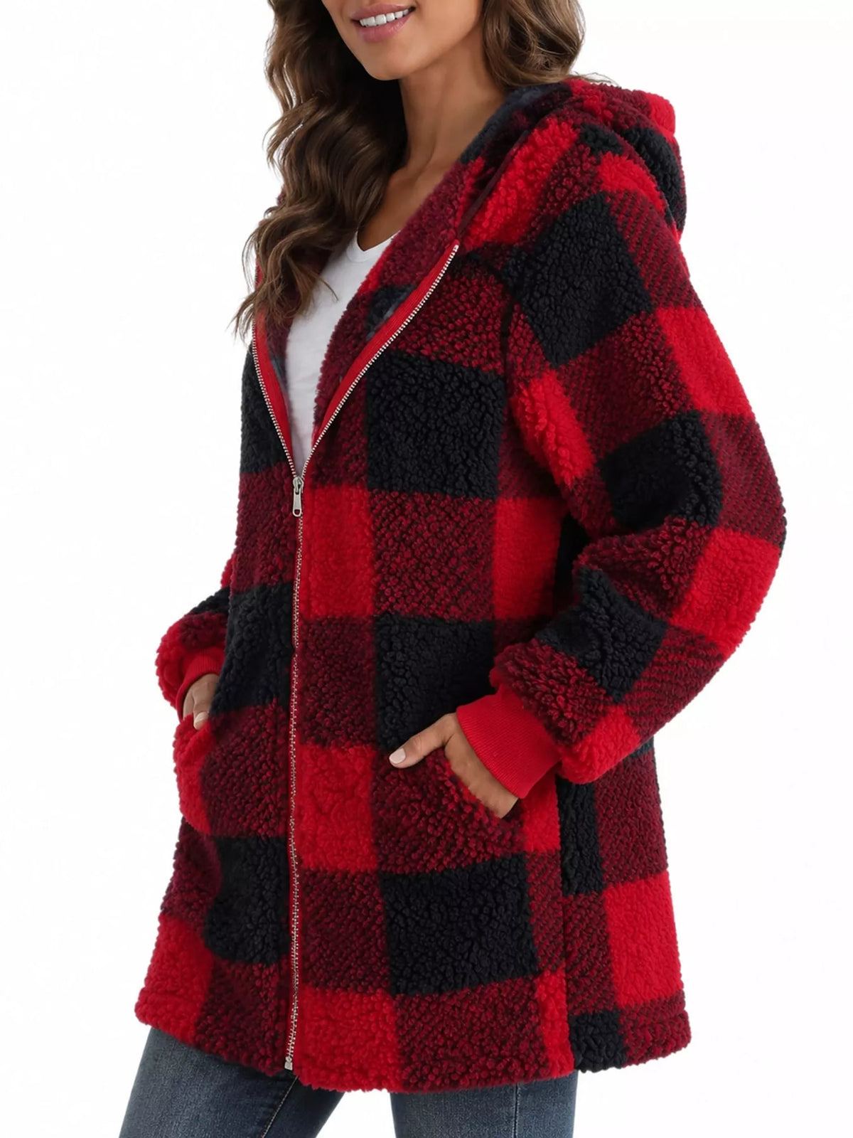 Red and black plaid sherpa hooded zip up jacket, side view