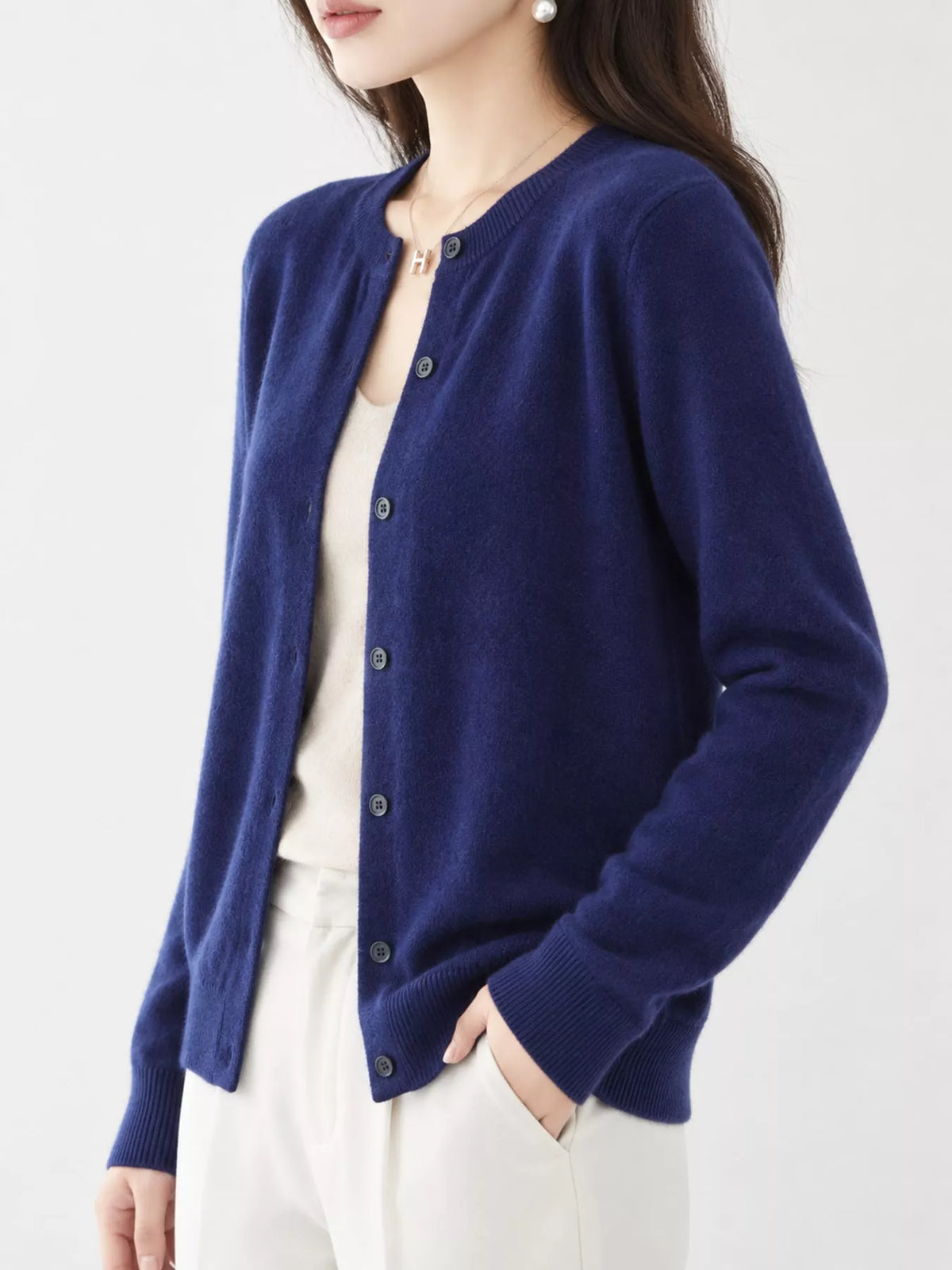 Navy crew neck button-front cardigan