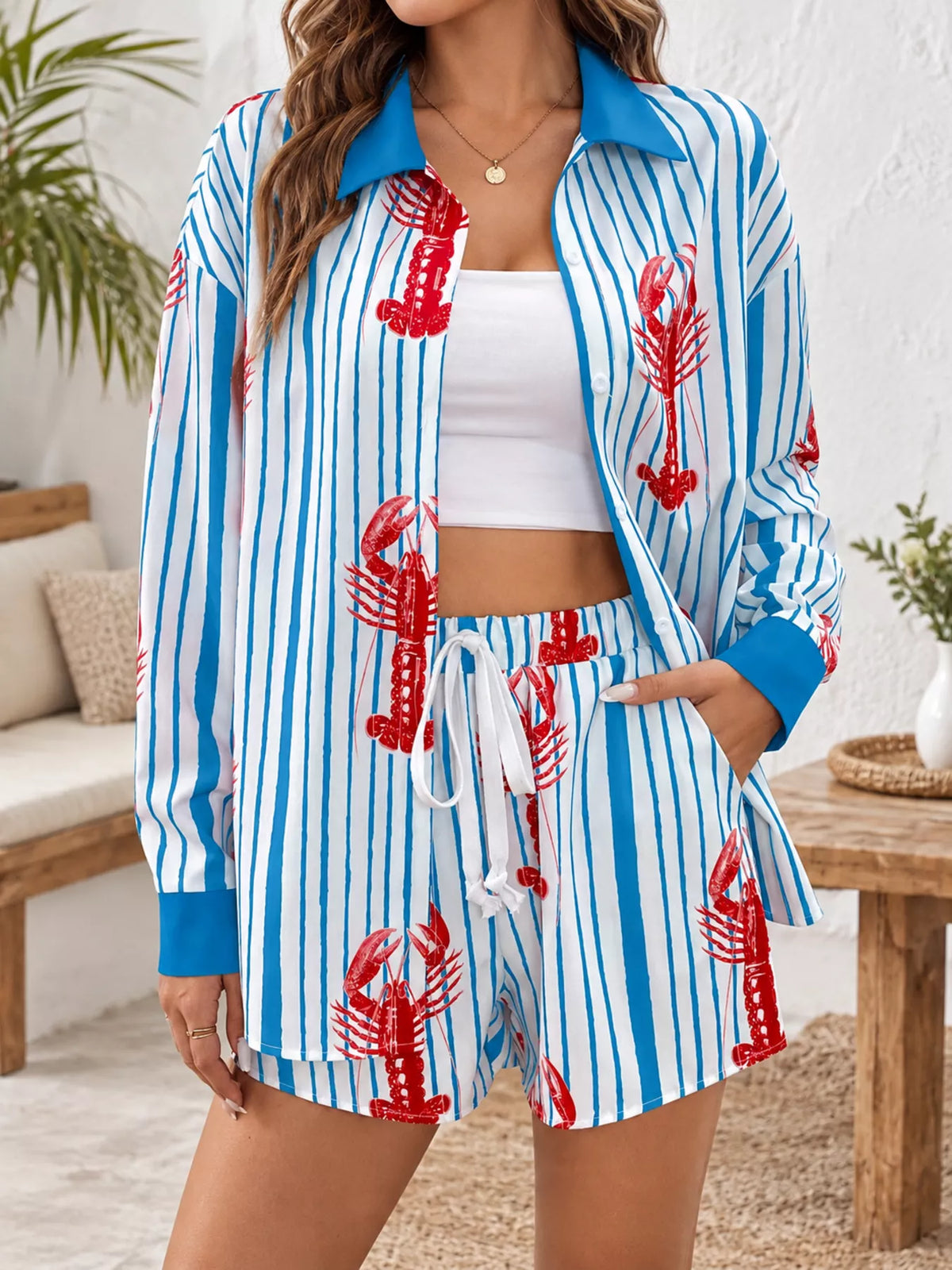 Women's Lobster Print Striped Button-Down Shirt and Shorts Set in blue and white — front view