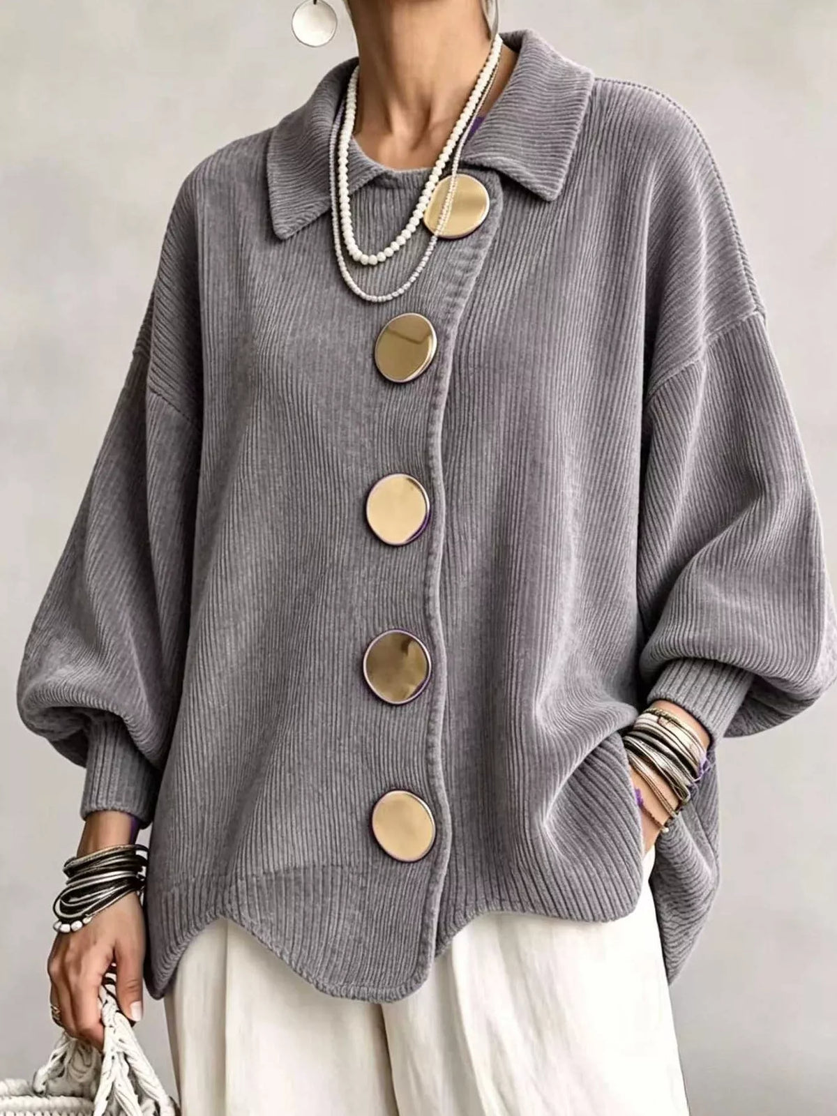 Women's Ribbed Knit Gold Buttons Cardigan in gray — front view
