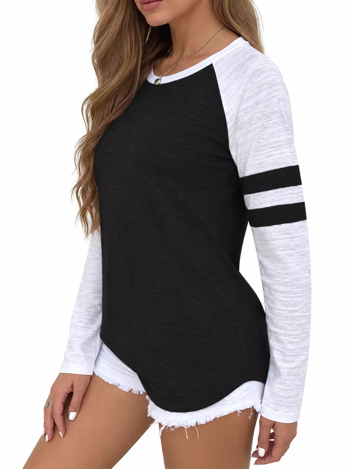 Black color-block raglan sleeve striped t-shirt