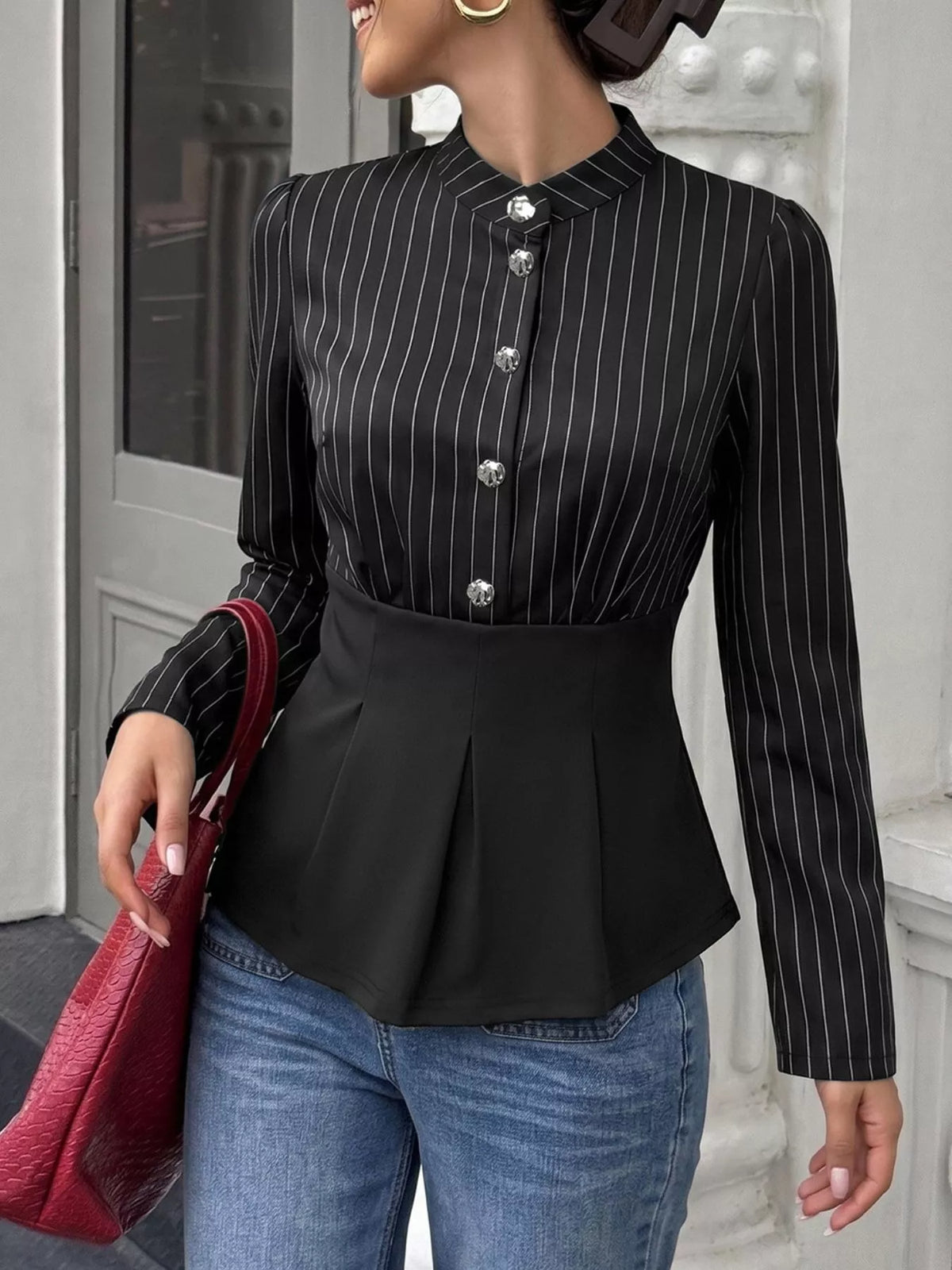 Trendsi Striped Long Sleeve Peplum Blouse -