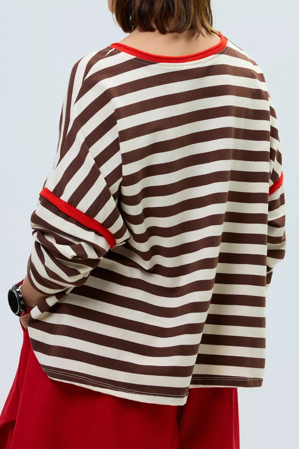 Striped Top with Contrast Trim in brown and white, back view