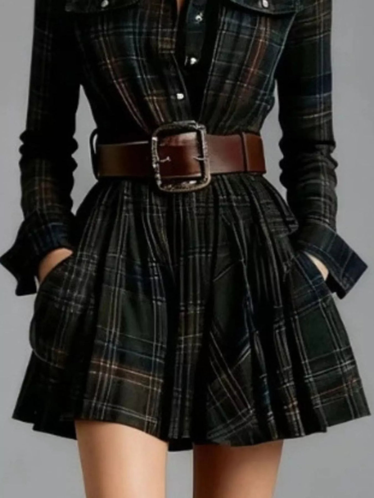 Trendsi Plaid Long Sleeve Shirt Dress -