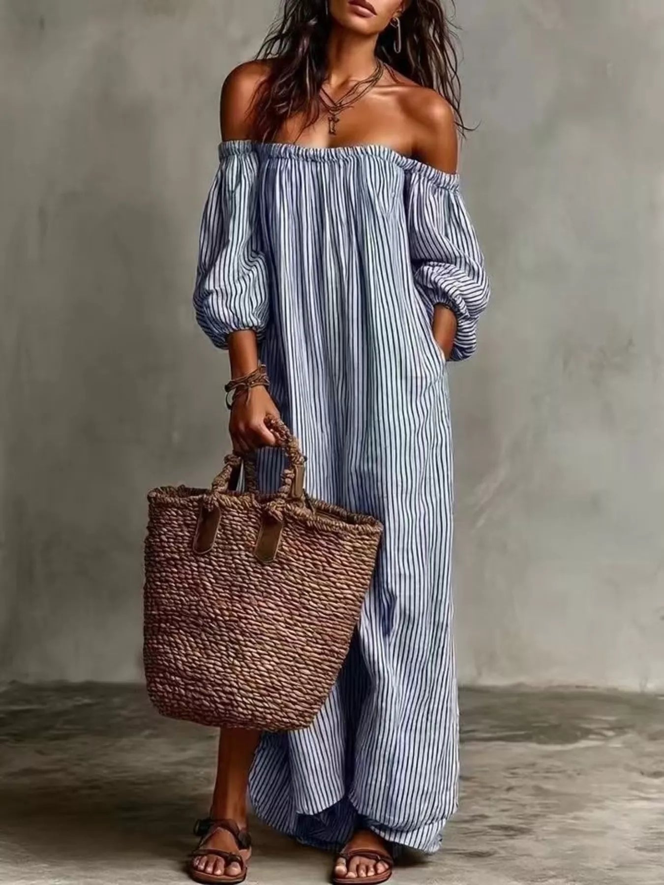 Trendsi Full Size Off-Shoulder Striped Maxi Dress with Puff Sleeves Plus Size -