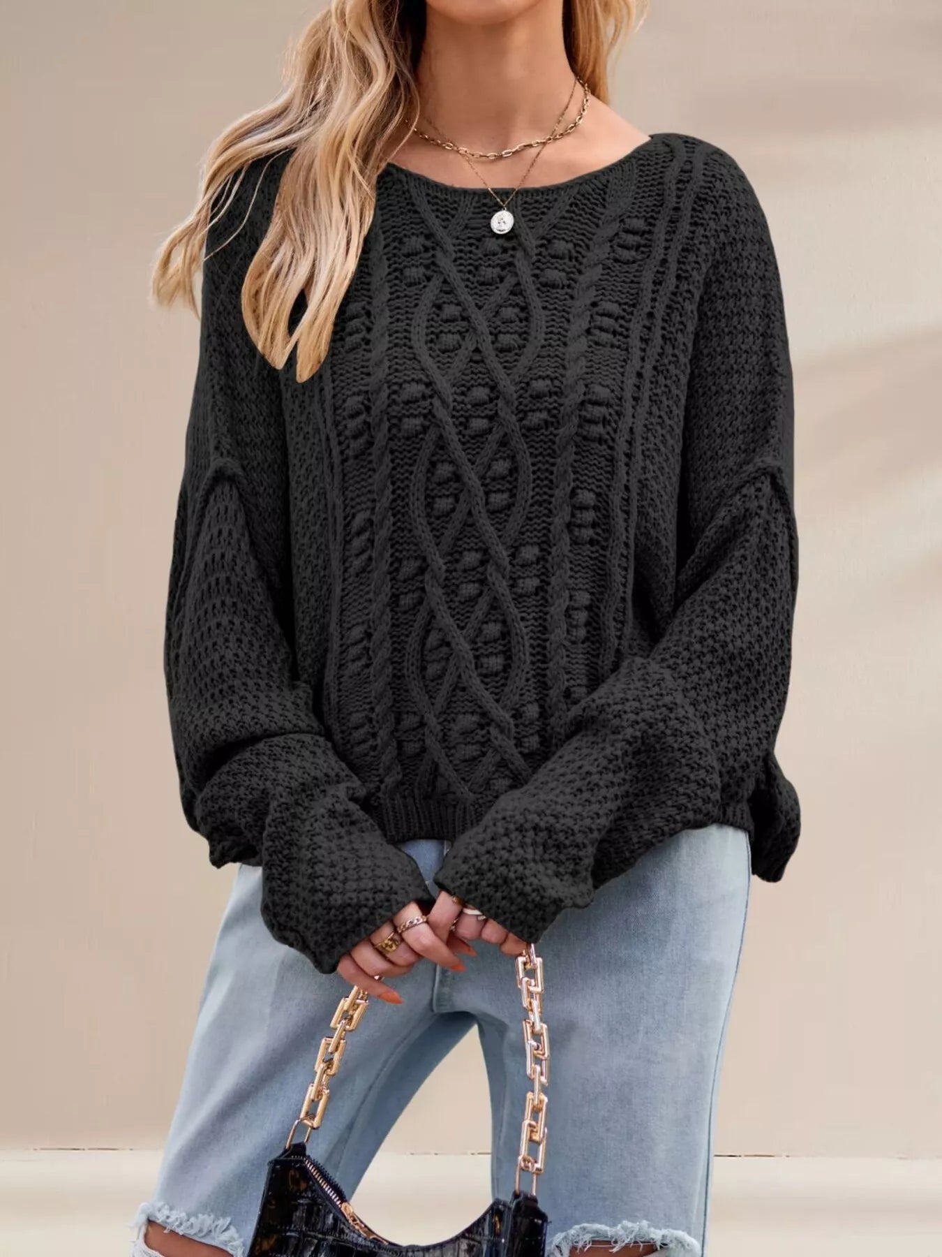 Trendsi Cable Knit Dropped Shoulder Sweater -