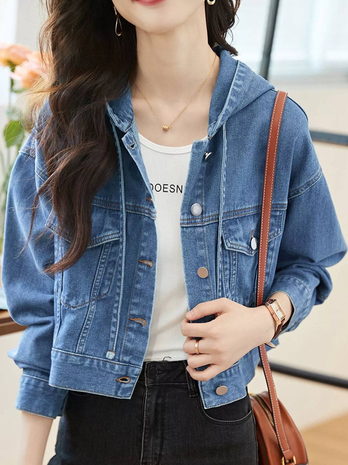 Hooded Cropped Denim Jacket in blue
