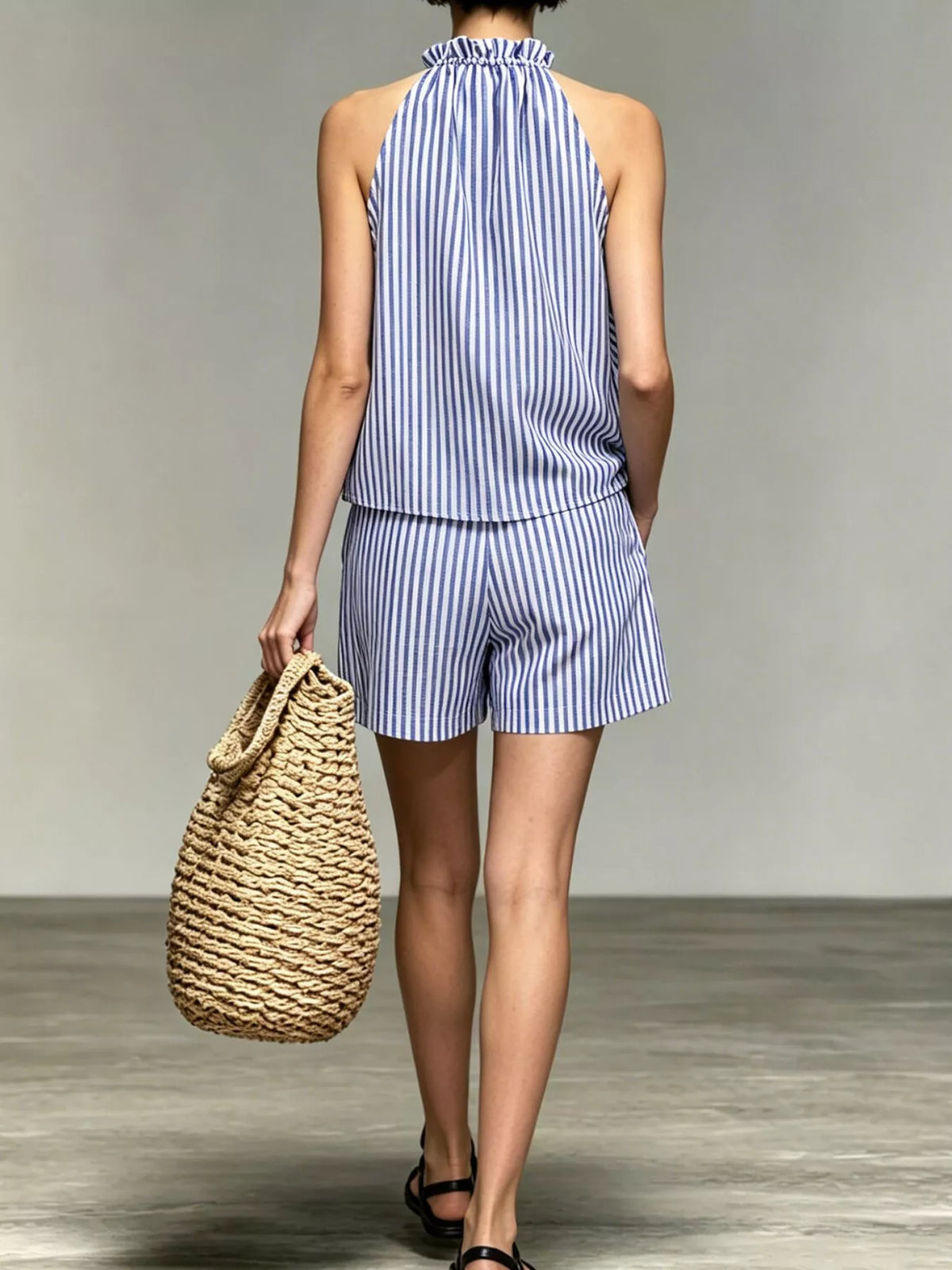 Blue Ruffled Striped Sleeveless Top and Shorts Set back view