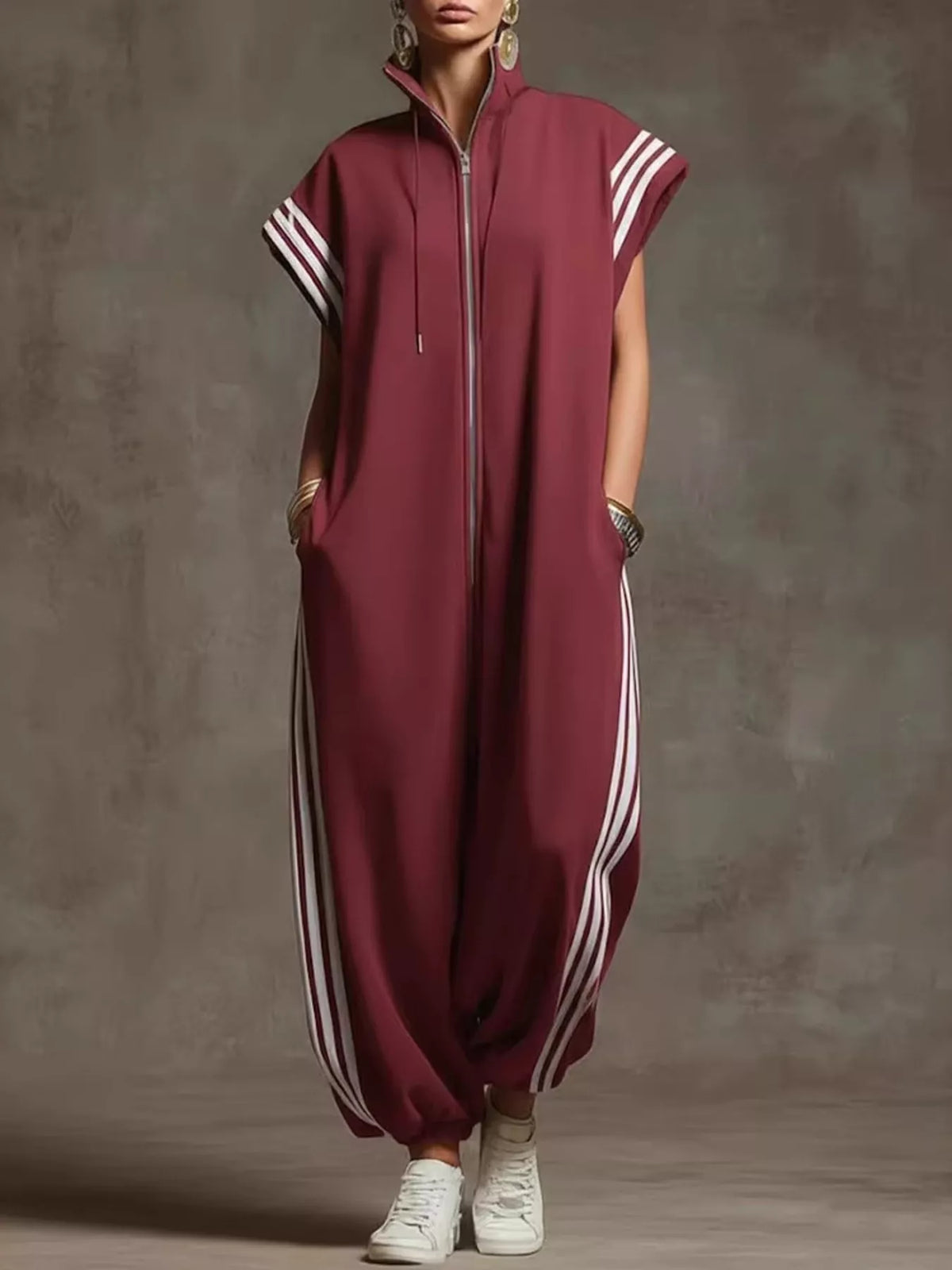 Trendsi Full Size Side Stripe Zip-Front Wide Leg Jumpsuit Plus Size -
