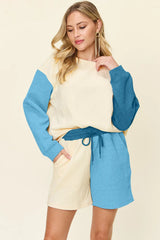 Trendsi Double Take Full Size Contrast Drop Shoulder Top and Shorts Set -