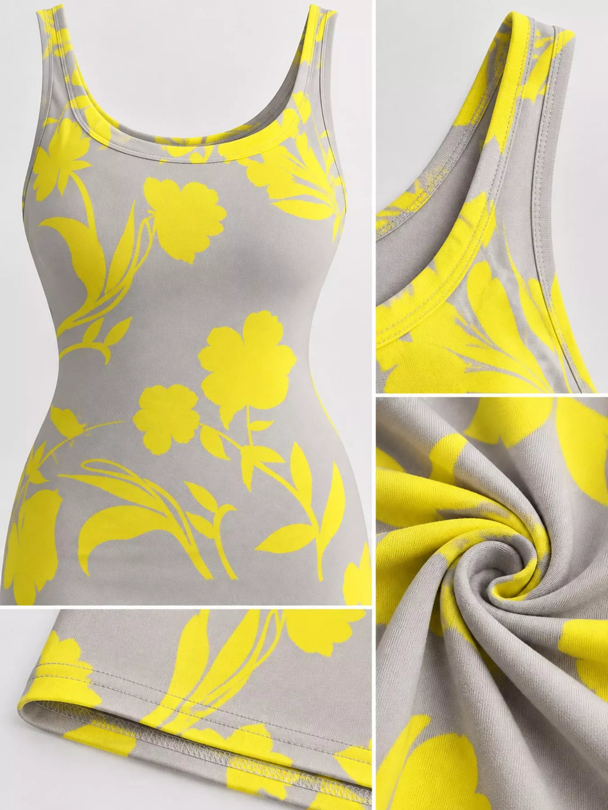 Bodycon maxi dress, yellow floral neckline fabric and hem details