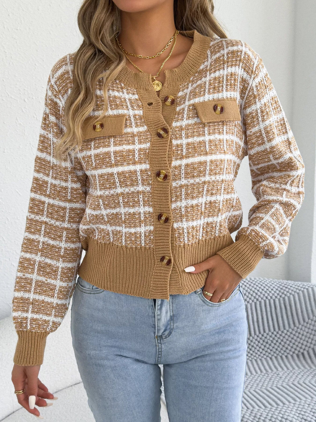 Khaki Color plaid tweed-style knit cardigan