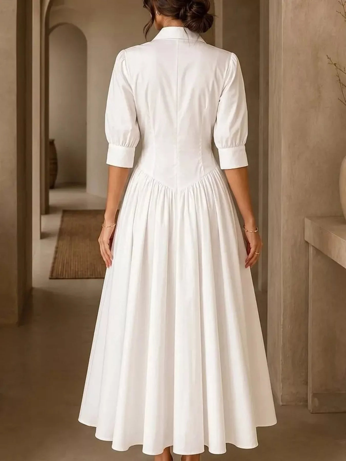 Button-Down Shirt Dress with Cinched Waist, back view