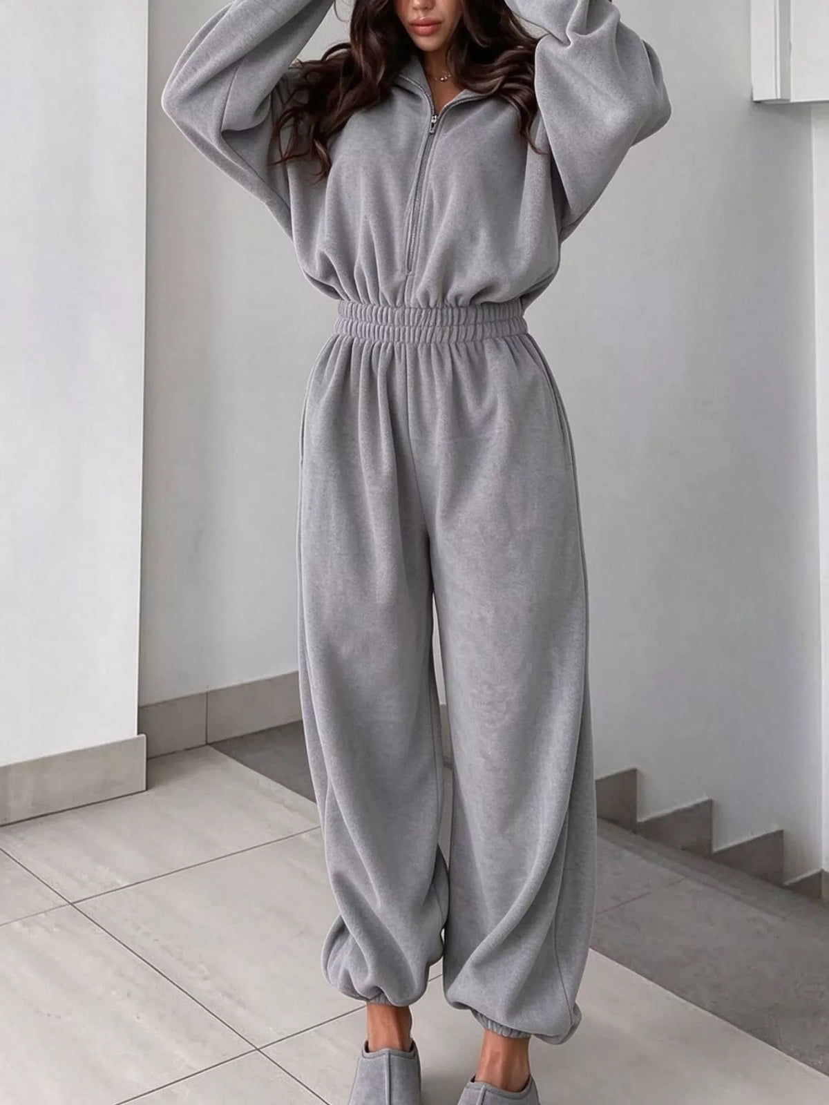 Zip Front Long Sleeve Jumpsuit — front view