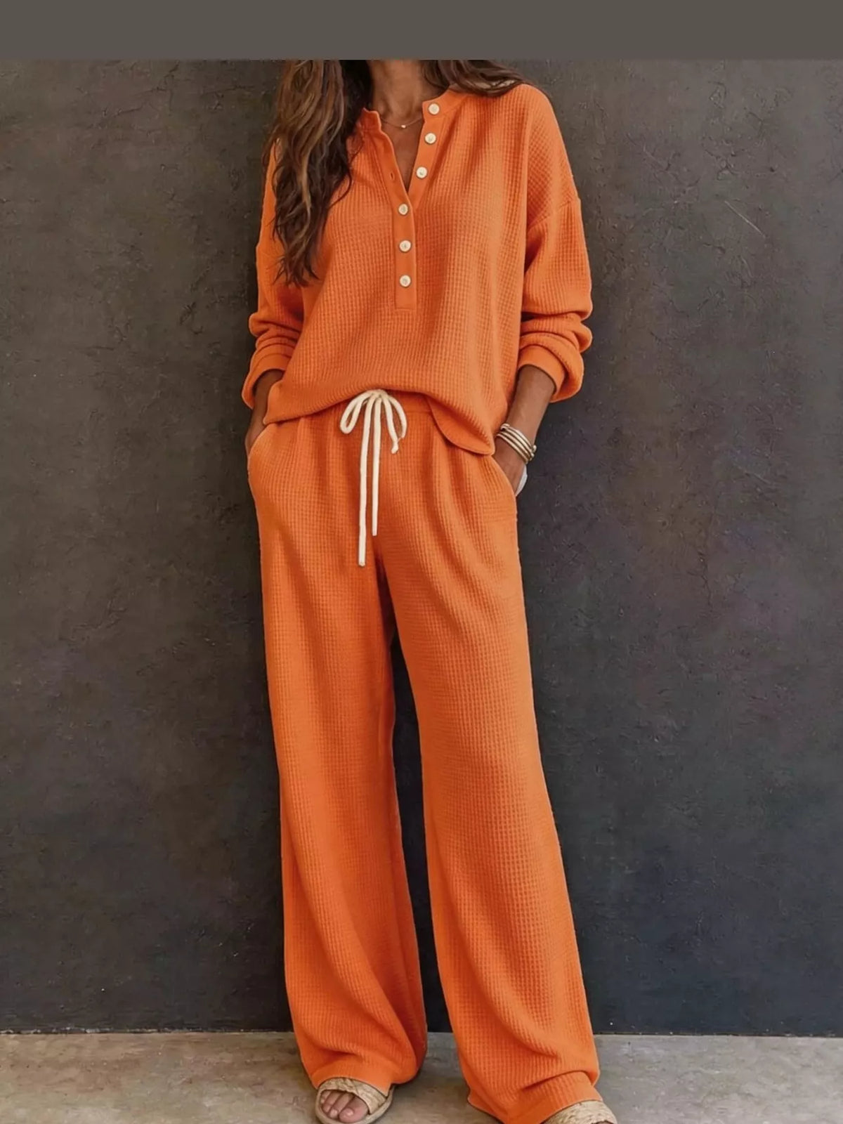 Orange waffle knit button detail top and pants set