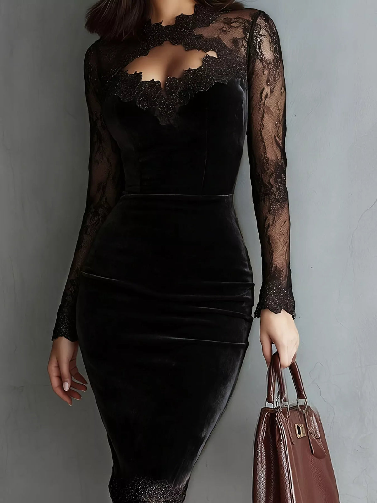 Velvet and lace dress, black full front