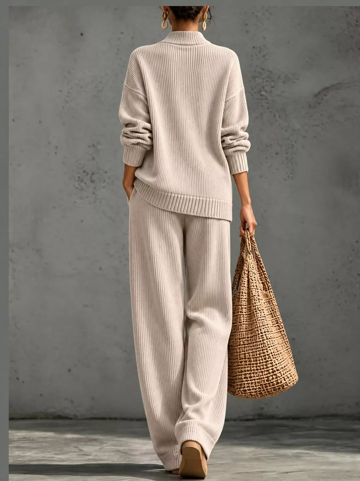 V-Neck Wrap Sweater and Wide-Leg Pants Set — back view