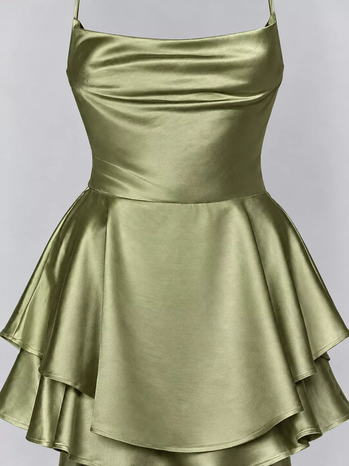 Cowl neck spaghetti-strap mini dress, construction and design details