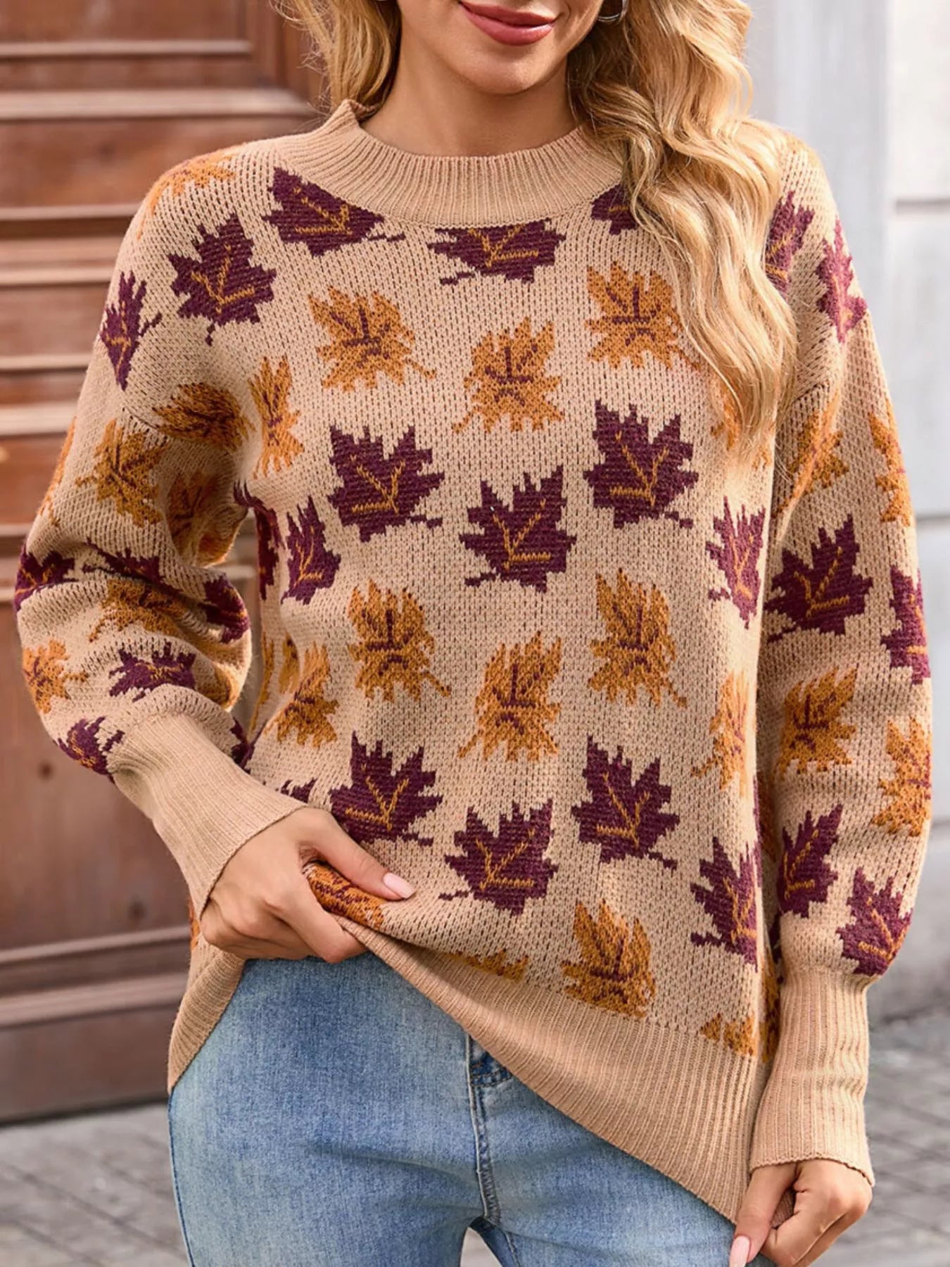 Trendsi Autumn Leaf Pattern Mock Neck Sweater -